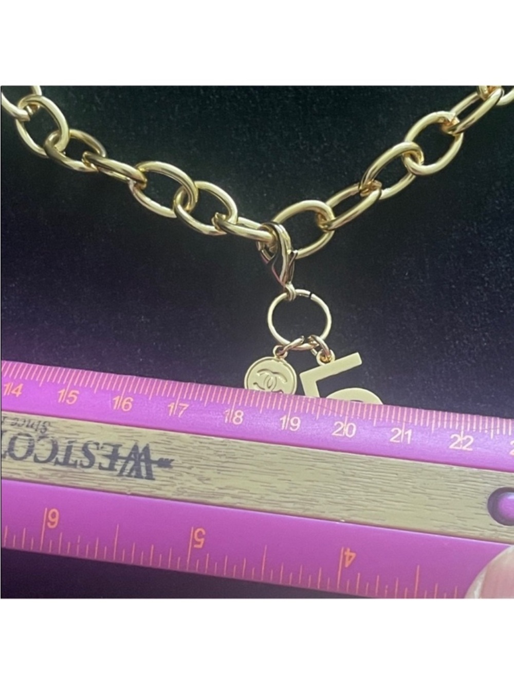 Gold Tone Chunky Chain Necklace with Chanel Number 5 Charm - Picture 9 of 12
